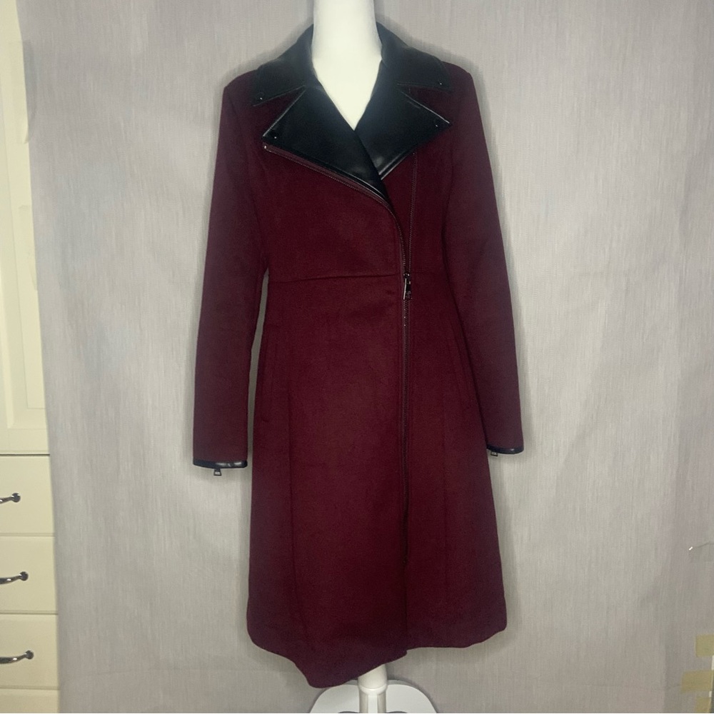 Karl Lagerfeld Paris Asymmetrical Wool Blend Walker Long Coat Burgundy | Medium